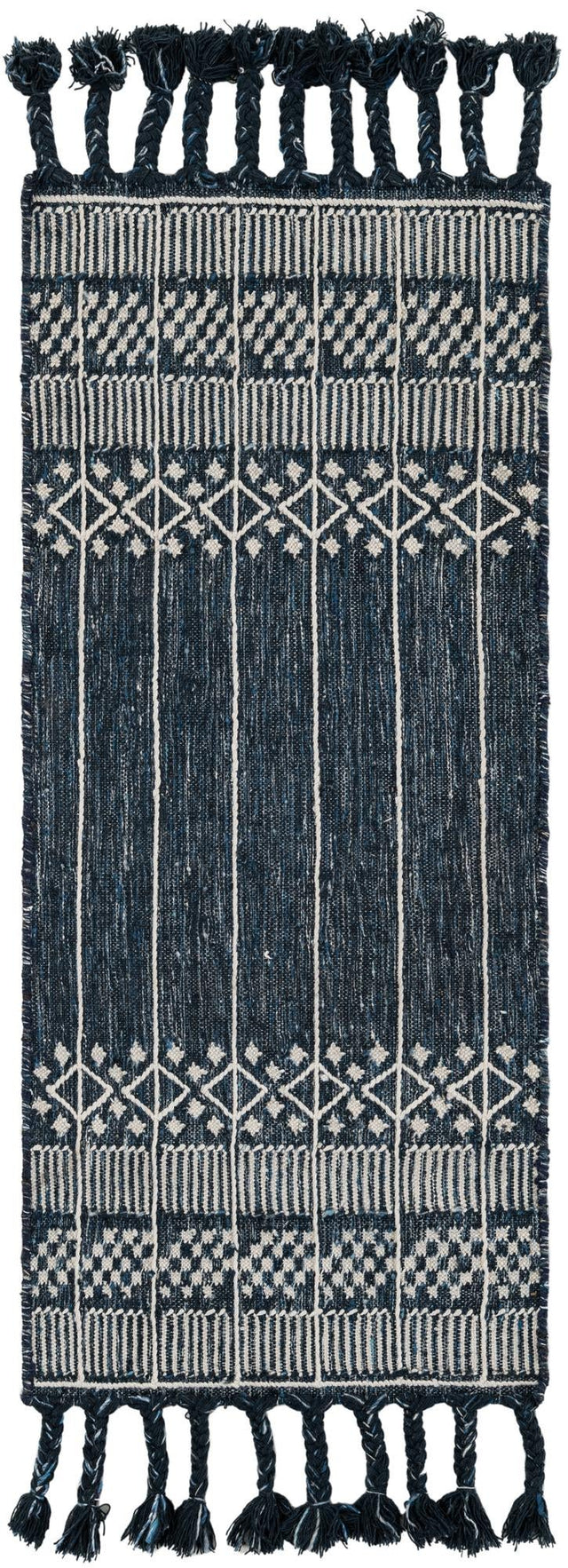 Navy Blue 2' 2 x 5' 1 Eco Bohemian Indoor Outdoor Runner Area Rug Weather Resistant for Patio, Deck, Terrace, Balcony, Porch 100% Recycled PET Polyester Carpet Mat for Sale at Rug Engine
