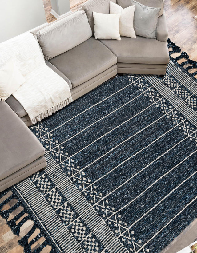 Navy Blue 4' 1 x 6' 1 Eco Bohemian Indoor Outdoor Rectangle Area Rug Weather Resistant for Patio, Deck, Terrace, Balcony, Porch 100% Recycled PET Polyester Carpet Mat for Sale at Rug Engine
