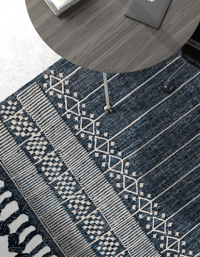 Navy Blue 10' x 14' 1 Eco Bohemian Indoor Outdoor Rectangle Area Rug Weather Resistant for Patio, Deck, Terrace, Balcony, Porch 100% Recycled PET Polyester Carpet Mat for Sale at Rug Engine