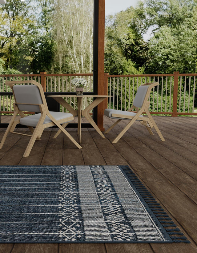 Navy Blue 4' 1 x 6' 1 Eco Bohemian Indoor Outdoor Rectangle Area Rug Weather Resistant for Patio, Deck, Terrace, Balcony, Porch 100% Recycled PET Polyester Carpet Mat for Sale at Rug Engine