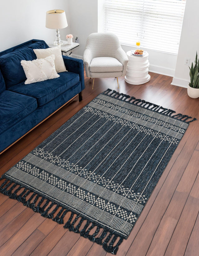 Navy Blue 10' x 14' 1 Eco Bohemian Indoor Outdoor Rectangle Area Rug Weather Resistant for Patio, Deck, Terrace, Balcony, Porch 100% Recycled PET Polyester Carpet Mat for Sale at Rug Engine