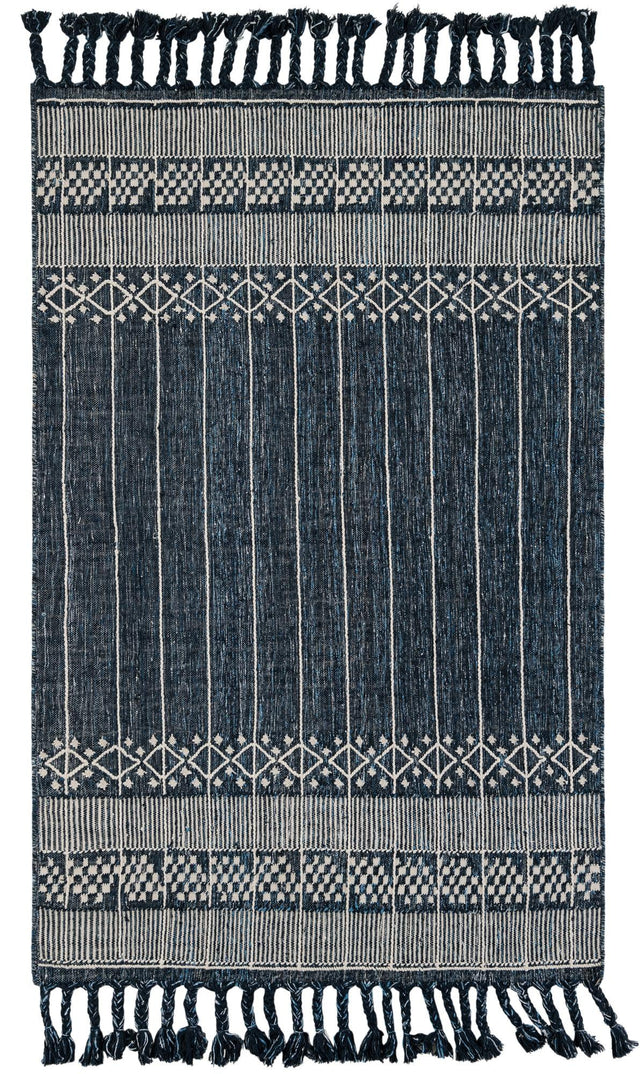 Navy Blue 5' 1 x 8' Eco Bohemian Indoor Outdoor Rectangle Area Rug Weather Resistant for Patio, Deck, Terrace, Balcony, Porch 100% Recycled PET Polyester Carpet Mat for Sale at Rug Engine