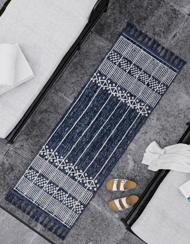 Navy Blue 2' 2 x 8' 2 Eco Bohemian Indoor Outdoor Runner Area Rug Weather Resistant for Patio, Deck, Terrace, Balcony, Porch 100% Recycled PET Polyester Carpet Mat for Sale at Rug Engine