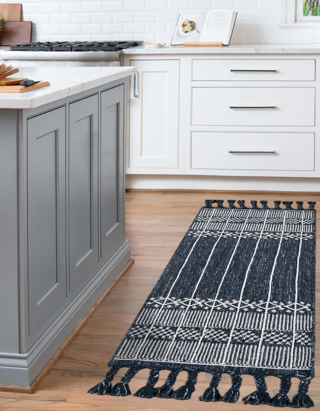 Navy Blue 2' 2 x 8' 2 Eco Bohemian Indoor Outdoor Runner Area Rug Weather Resistant for Patio, Deck, Terrace, Balcony, Porch 100% Recycled PET Polyester Carpet Mat for Sale at Rug Engine