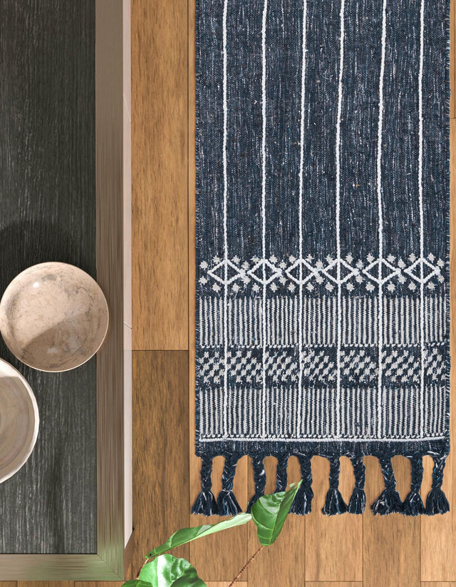 Navy Blue 2' 2 x 5' 1 Eco Bohemian Indoor Outdoor Runner Area Rug Weather Resistant for Patio, Deck, Terrace, Balcony, Porch 100% Recycled PET Polyester Carpet Mat for Sale at Rug Engine