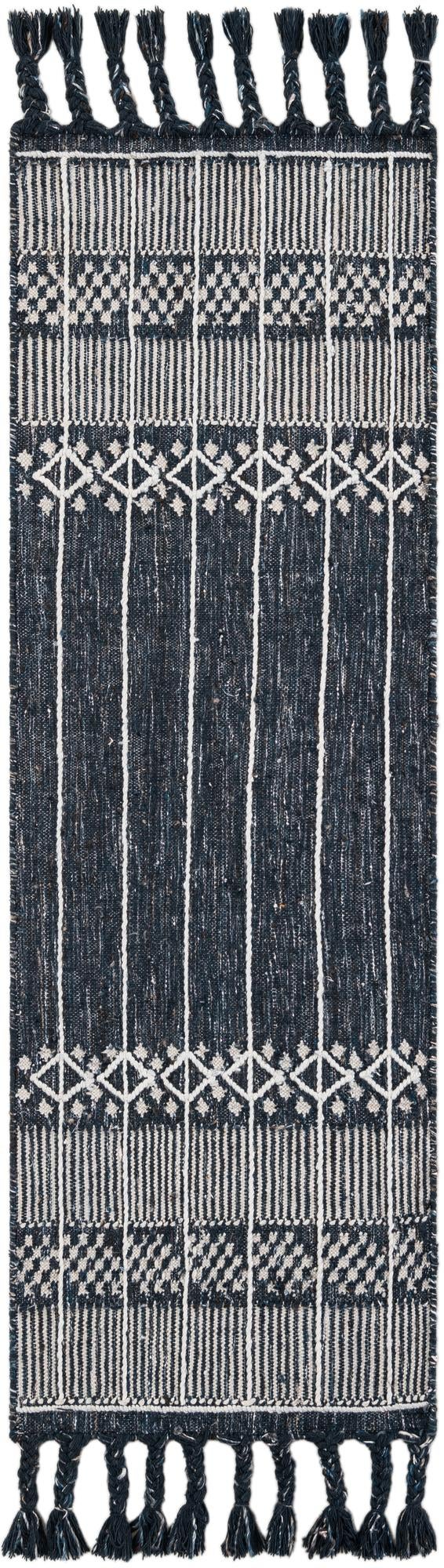 Navy Blue 2' 2 x 6' 7 Eco Bohemian Indoor Outdoor Runner Area Rug Weather Resistant for Patio, Deck, Terrace, Balcony, Porch 100% Recycled PET Polyester Carpet Mat for Sale at Rug Engine
