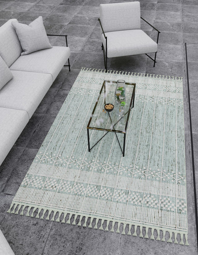 Sea Green 5' 1 x 8' Eco Bohemian Indoor Outdoor Rectangle Area Rug Weather Resistant for Patio, Deck, Terrace, Balcony, Porch 100% Recycled PET Polyester Carpet Mat for Sale at Rug Engine