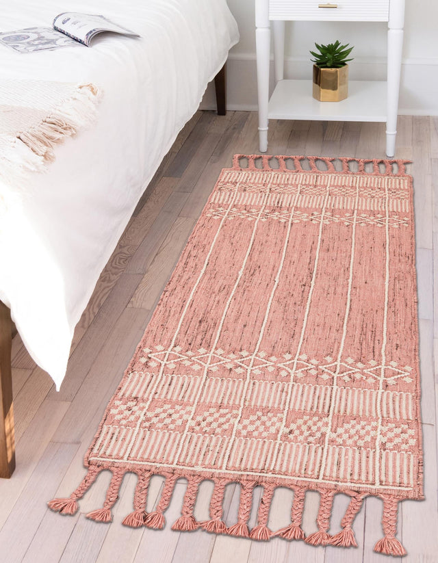 SOFT PINK 2' 2 x 5' 1 Eco Bohemian Indoor Outdoor Runner Area Rug Weather Resistant for Patio, Deck, Terrace, Balcony, Porch 100% Recycled PET Polyester Carpet Mat for Sale at Rug Engine