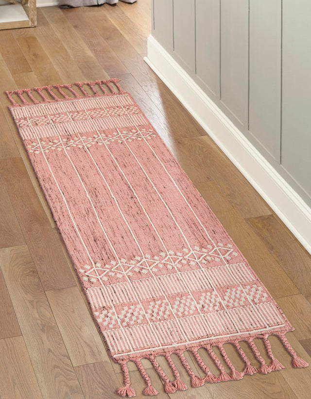 SOFT PINK 2' 2 x 6' 7 Eco Bohemian Indoor Outdoor Runner Area Rug Weather Resistant for Patio, Deck, Terrace, Balcony, Porch 100% Recycled PET Polyester Carpet Mat for Sale at Rug Engine
