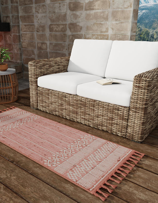 SOFT PINK 2' 2 x 5' 1 Eco Bohemian Indoor Outdoor Runner Area Rug Weather Resistant for Patio, Deck, Terrace, Balcony, Porch 100% Recycled PET Polyester Carpet Mat for Sale at Rug Engine
