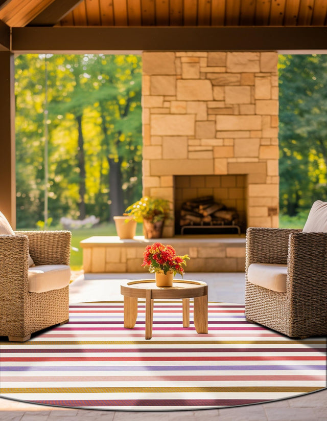 White 4' 1 x 4' 1 Outdoor Striped Round Area Rug Weather Resistant for Patio, Deck, Terrace, Balcony, Porch Geometric Pattern Waterproof Carpet for Sale at Rug Engine