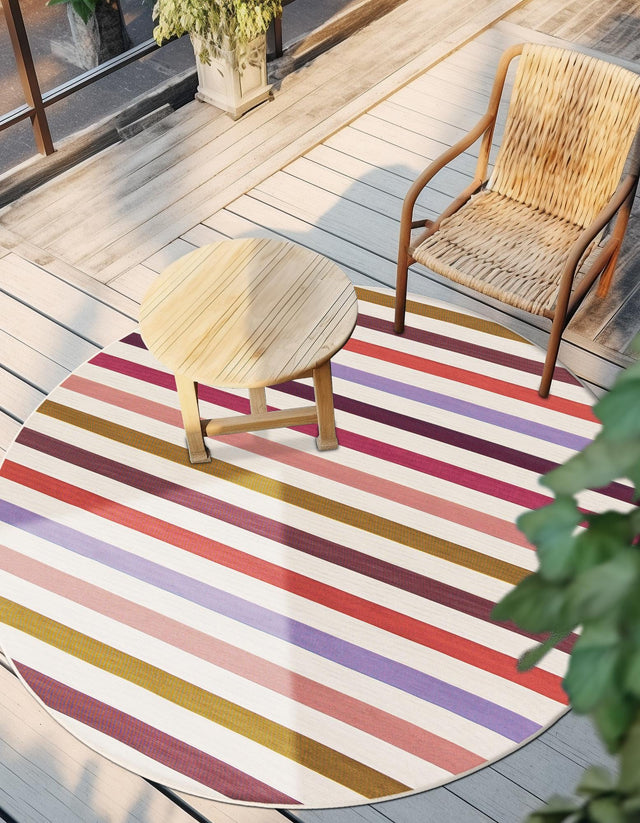 White 6' 1 x 6' 1 Outdoor Striped Round Area Rug Weather Resistant for Patio, Deck, Terrace, Balcony, Porch Geometric Pattern Waterproof Carpet for Sale at Rug Engine