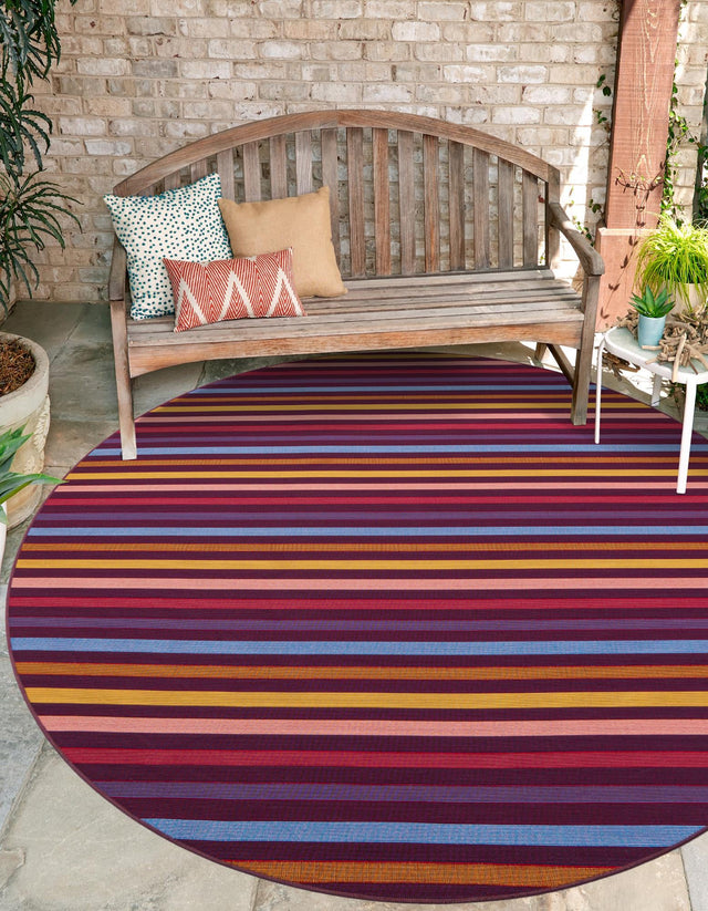 Multicolor 10' x 10' Outdoor Striped Round Area Rug Weather Resistant for Patio, Deck, Terrace, Balcony, Porch Geometric Pattern Waterproof Carpet for Sale at Rug Engine