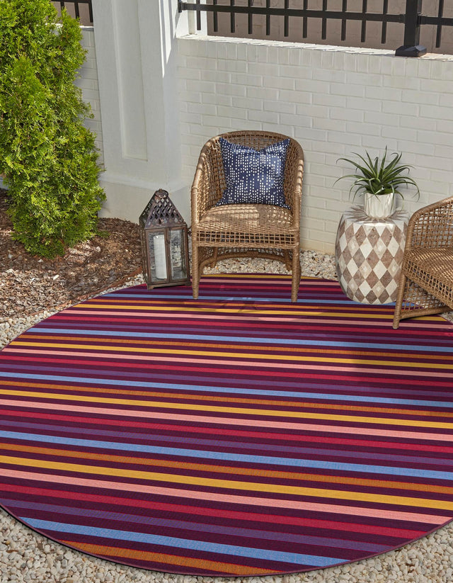 Multicolor 10' x 10' Outdoor Striped Round Area Rug Weather Resistant for Patio, Deck, Terrace, Balcony, Porch Geometric Pattern Waterproof Carpet for Sale at Rug Engine