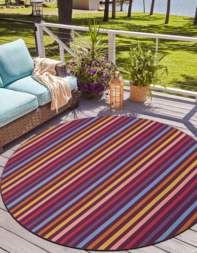 Multicolor 10' x 10' Outdoor Striped Round Area Rug Weather Resistant for Patio, Deck, Terrace, Balcony, Porch Geometric Pattern Waterproof Carpet for Sale at Rug Engine