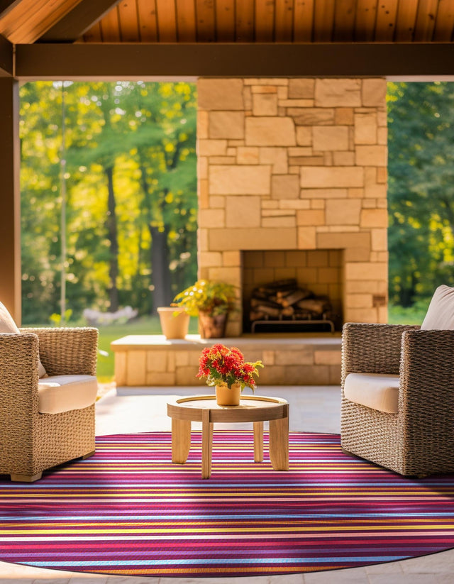 Multicolor 10' x 10' Outdoor Striped Round Area Rug Weather Resistant for Patio, Deck, Terrace, Balcony, Porch Geometric Pattern Waterproof Carpet for Sale at Rug Engine