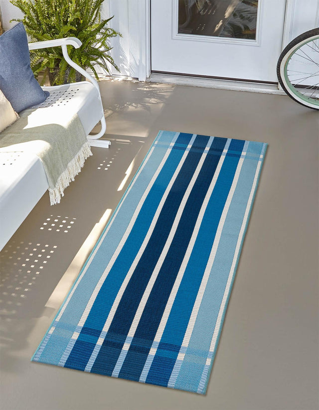 Blue 2' 7 x 12' Outdoor Striped Runner Area Rug Weather Resistant for Patio, Deck, Terrace, Balcony, Porch Geometric Pattern Waterproof Carpet for Sale at Rug Engine