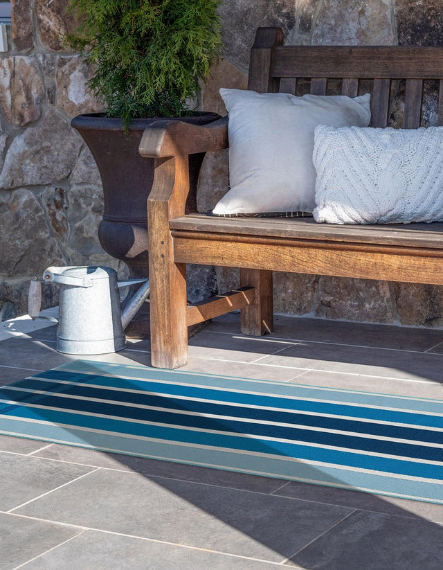 Blue 2' 7 x 10' Outdoor Striped Runner Area Rug Weather Resistant for Patio, Deck, Terrace, Balcony, Porch Geometric Pattern Waterproof Carpet for Sale at Rug Engine