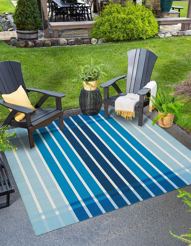 Blue 10' x 10' Outdoor Striped Square Area Rug Weather Resistant for Patio, Deck, Terrace, Balcony, Porch Geometric Pattern Waterproof Carpet for Sale at Rug Engine