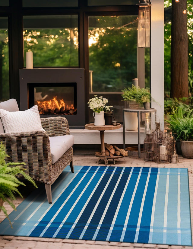Blue 7' 10 x 7' 10 Outdoor Striped Square Area Rug Weather Resistant for Patio, Deck, Terrace, Balcony, Porch Geometric Pattern Waterproof Carpet for Sale at Rug Engine