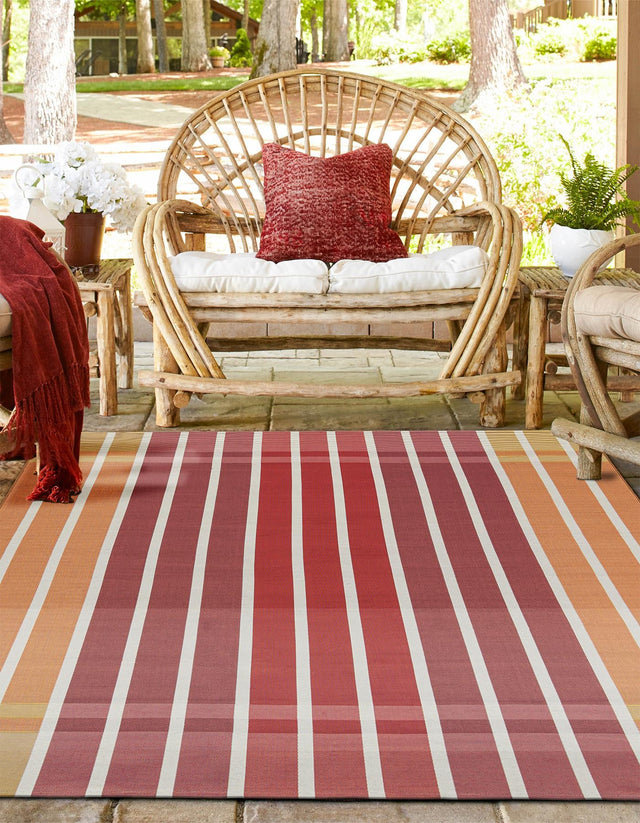 Peach and Salmon 7' 10 x 7' 10 Outdoor Striped Square Area Rug Weather Resistant for Patio, Deck, Terrace, Balcony, Porch Geometric Pattern Waterproof Carpet for Sale at Rug Engine