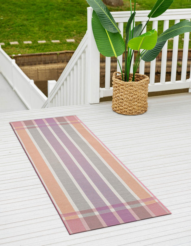 Pink and Lavender 2' x 8' Outdoor Striped Runner Area Rug Weather Resistant for Patio, Deck, Terrace, Balcony, Porch Geometric Pattern Waterproof Carpet for Sale at Rug Engine