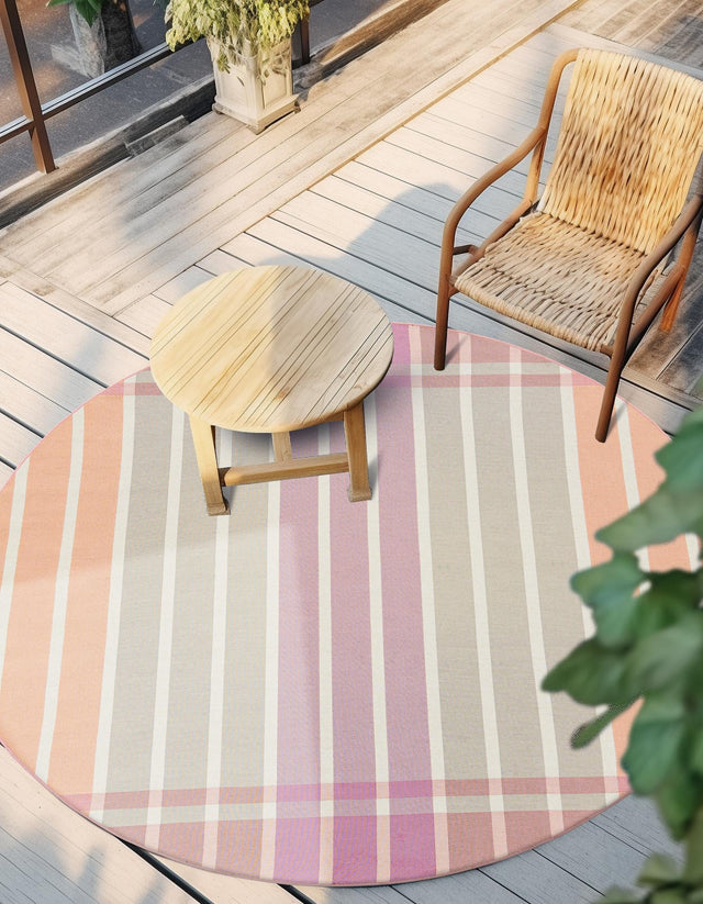 Pink and Lavender 7' 10 x 7' 10 Outdoor Striped Round Area Rug Weather Resistant for Patio, Deck, Terrace, Balcony, Porch Geometric Pattern Waterproof Carpet for Sale at Rug Engine