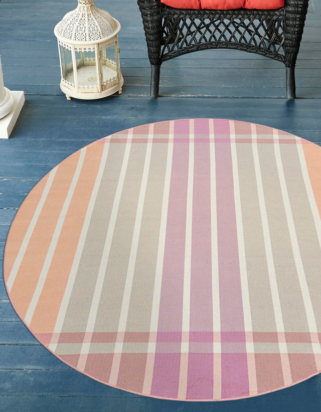 Pink and Lavender 3' 1 x 3' 1 Outdoor Striped Round Area Rug Weather Resistant for Patio, Deck, Terrace, Balcony, Porch Geometric Pattern Waterproof Carpet for Sale at Rug Engine