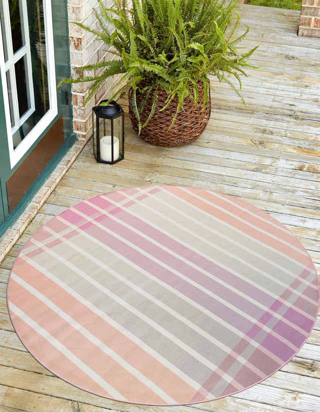 Pink and Lavender 3' 1 x 3' 1 Outdoor Striped Round Area Rug Weather Resistant for Patio, Deck, Terrace, Balcony, Porch Geometric Pattern Waterproof Carpet for Sale at Rug Engine
