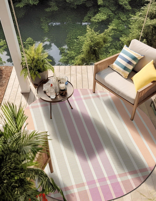 Pink and Lavender 4' 1 x 4' 1 Outdoor Striped Round Area Rug Weather Resistant for Patio, Deck, Terrace, Balcony, Porch Geometric Pattern Waterproof Carpet for Sale at Rug Engine