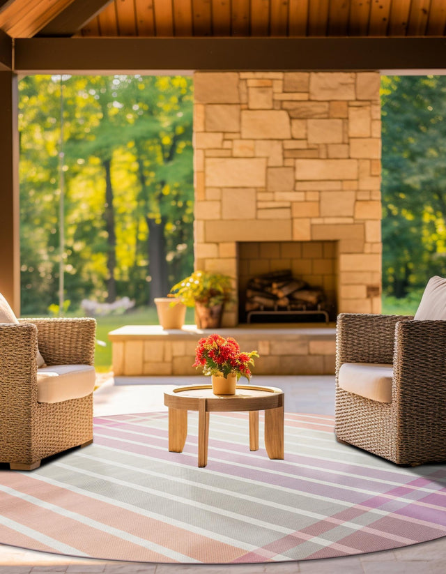 Pink and Lavender 3' 1 x 3' 1 Outdoor Striped Round Area Rug Weather Resistant for Patio, Deck, Terrace, Balcony, Porch Geometric Pattern Waterproof Carpet for Sale at Rug Engine