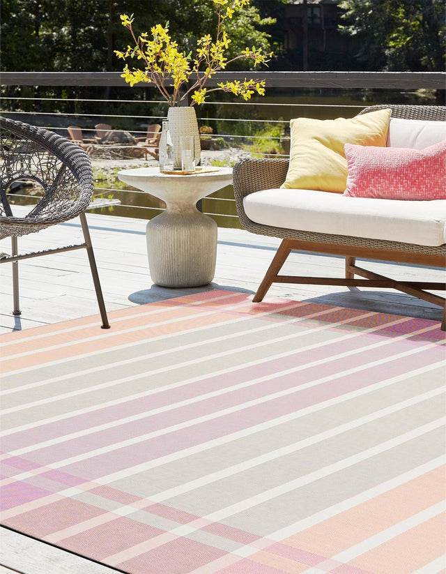 Pink and Lavender 7' 10 x 7' 10 Outdoor Striped Square Area Rug Weather Resistant for Patio, Deck, Terrace, Balcony, Porch Geometric Pattern Waterproof Carpet for Sale at Rug Engine