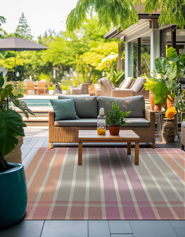 Pink and Lavender 7' 10 x 7' 10 Outdoor Striped Square Area Rug Weather Resistant for Patio, Deck, Terrace, Balcony, Porch Geometric Pattern Waterproof Carpet for Sale at Rug Engine