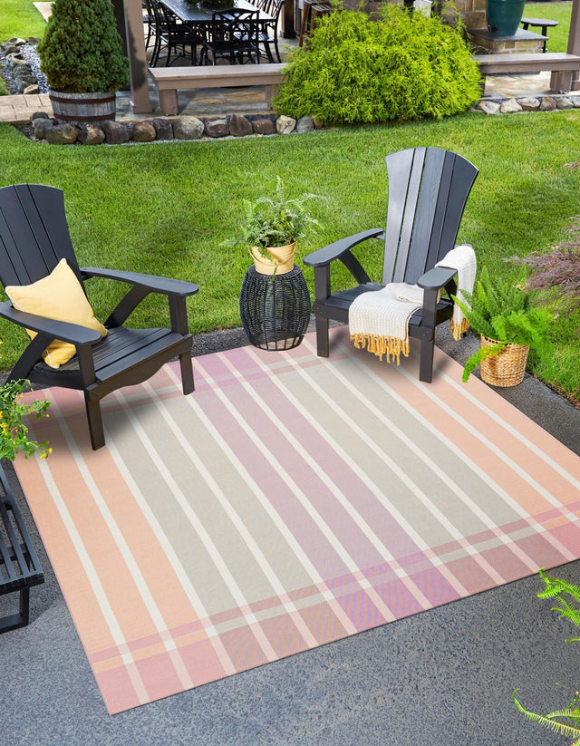 Pink and Lavender 10' x 10' Outdoor Striped Square Area Rug Weather Resistant for Patio, Deck, Terrace, Balcony, Porch Geometric Pattern Waterproof Carpet for Sale at Rug Engine