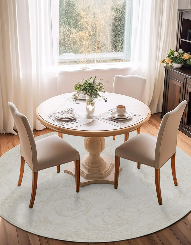 Ivory 5' 3 x 5' 3 Finsbury Round Area Rug 60% Polypropylene & 40% Polyester Contemporary Carpet for Living Rooms, Dining, Offices for Sale at Rug Engine