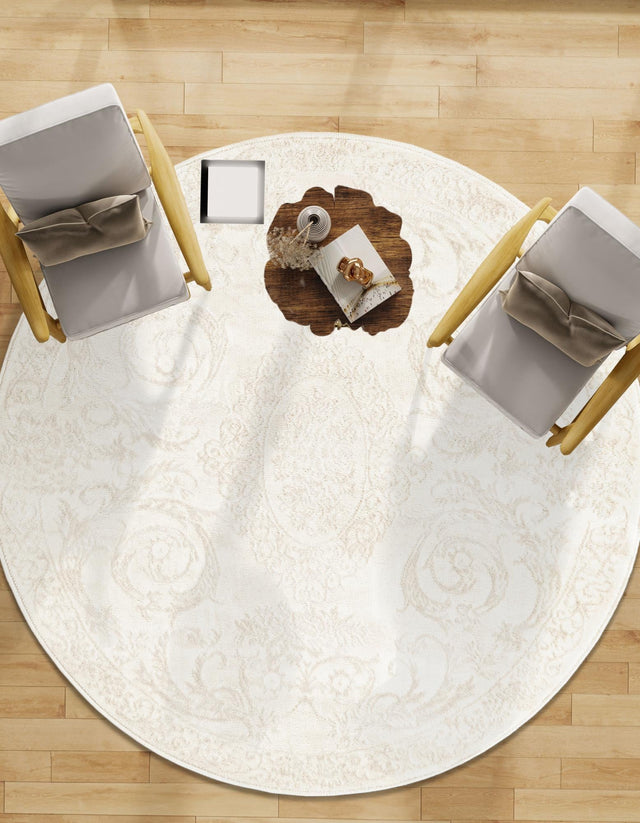 Ivory 4' 1 x 4' 1 Finsbury Round Area Rug 60% Polypropylene & 40% Polyester Contemporary Carpet for Living Rooms, Dining, Offices for Sale at Rug Engine
