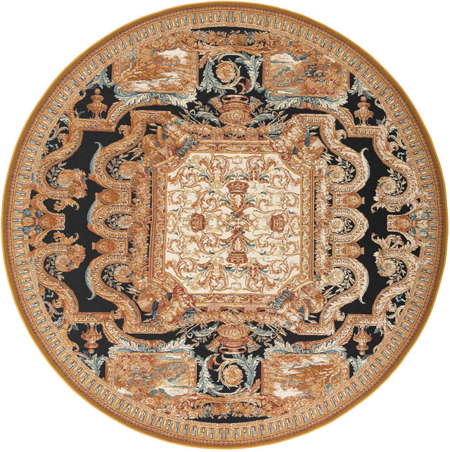 Black Gold Brown 10' x 10' Outdoor Traditional Round Area Rug Weather Resistant for Patio, Deck, Terrace, Balcony, Porch Classical Design Outside Carpet for Sale at Rug Engine
