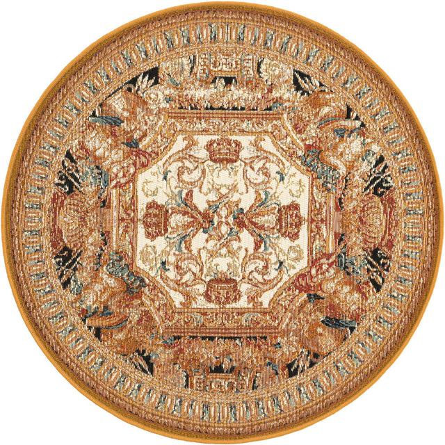 Black Gold Brown 3' 3 x 3' 3 Outdoor Traditional Round Area Rug Weather Resistant for Patio, Deck, Terrace, Balcony, Porch Classical Design Outside Carpet for Sale at Rug Engine