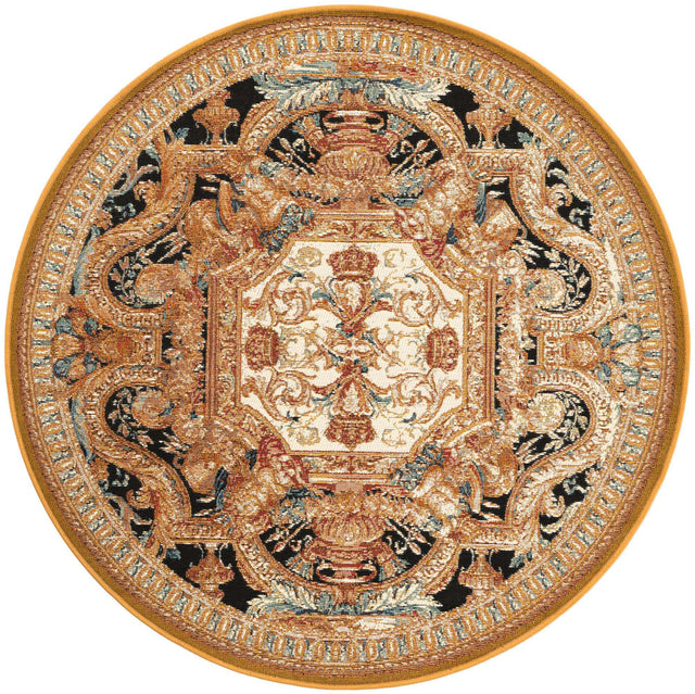 Black Gold Brown 4' 1 x 4' 1 Outdoor Traditional Round Area Rug Weather Resistant for Patio, Deck, Terrace, Balcony, Porch Classical Design Outside Carpet for Sale at Rug Engine