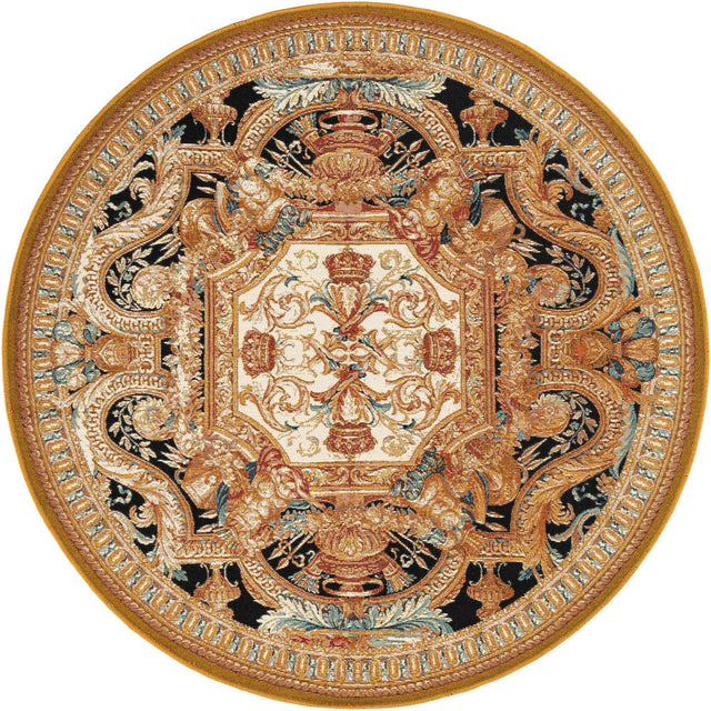 Black Gold Brown 5' 3 x 5' 3 Outdoor Traditional Round Area Rug Weather Resistant for Patio, Deck, Terrace, Balcony, Porch Classical Design Outside Carpet for Sale at Rug Engine