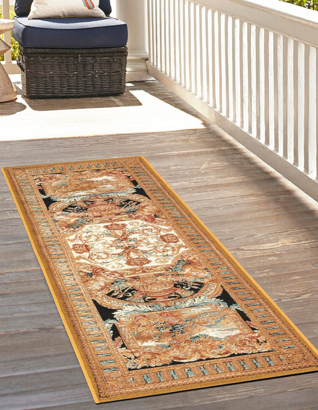 Black Gold Brown 2' 7 x 10' Outdoor Traditional Runner Area Rug Weather Resistant for Patio, Deck, Terrace, Balcony, Porch Classical Design Outside Carpet for Sale at Rug Engine