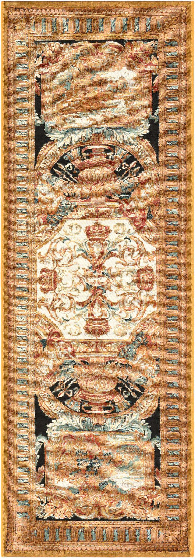 Black Gold Brown 2' x 6' 1 Outdoor Traditional Runner Area Rug Weather Resistant for Patio, Deck, Terrace, Balcony, Porch Classical Design Outside Carpet for Sale at Rug Engine