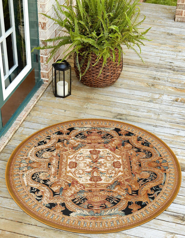 Black Gold Brown 3' 3 x 3' 3 Outdoor Traditional Round Area Rug Weather Resistant for Patio, Deck, Terrace, Balcony, Porch Classical Design Outside Carpet for Sale at Rug Engine