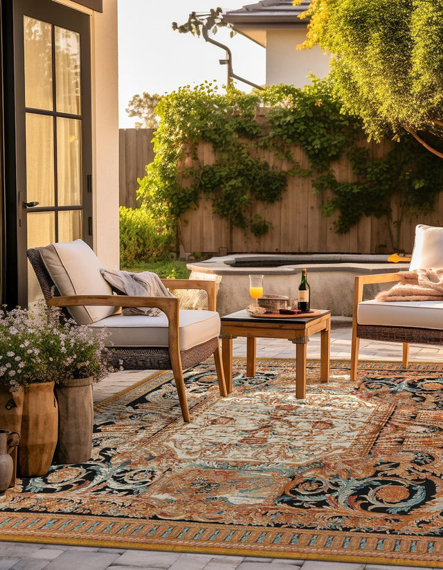 Black Gold Brown 7' 10 x 7' 10 Outdoor Traditional Square Area Rug Weather Resistant for Patio, Deck, Terrace, Balcony, Porch Classical Design Outside Carpet for Sale at Rug Engine