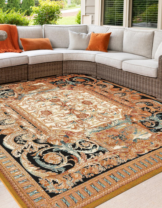 Black Gold Brown 10' x 10' Outdoor Traditional Square Area Rug Weather Resistant for Patio, Deck, Terrace, Balcony, Porch Classical Design Outside Carpet for Sale at Rug Engine