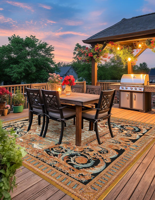 Black Gold Brown 10' x 10' Outdoor Traditional Square Area Rug Weather Resistant for Patio, Deck, Terrace, Balcony, Porch Classical Design Outside Carpet for Sale at Rug Engine