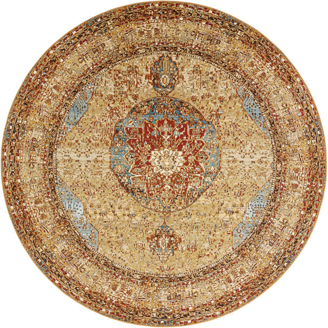 Blue and Light Brown 10' x 10' Outdoor Traditional Round Area Rug Weather Resistant for Patio, Deck, Terrace, Balcony, Porch Classical Design Outside Carpet for Sale at Rug Engine