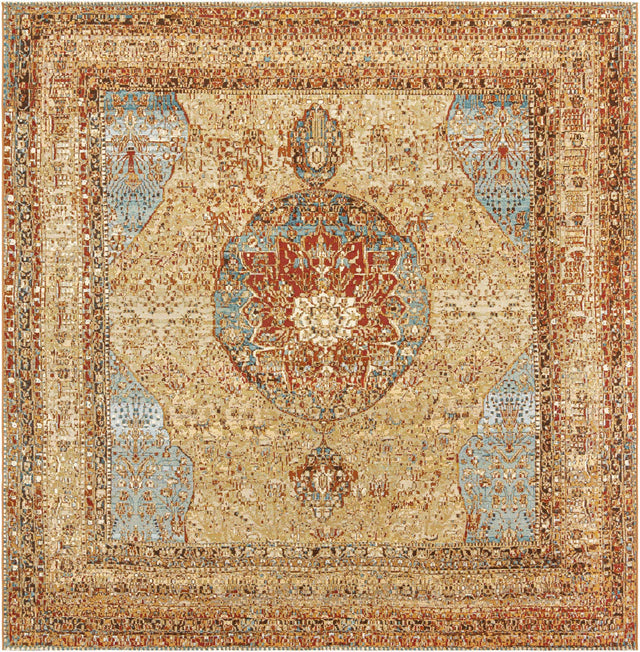 Blue and Light Brown 10' x 10' Outdoor Traditional Square Area Rug Weather Resistant for Patio, Deck, Terrace, Balcony, Porch Classical Design Outside Carpet for Sale at Rug Engine