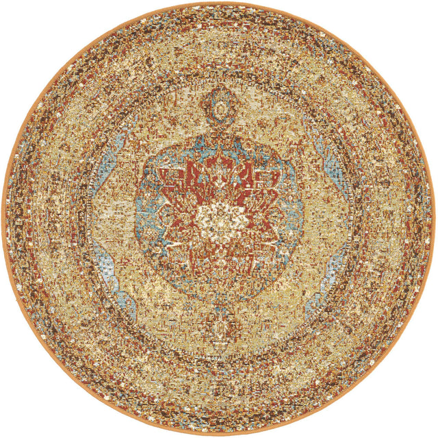 Blue and Light Brown 3' 3 x 3' 3 Outdoor Traditional Round Area Rug Weather Resistant for Patio, Deck, Terrace, Balcony, Porch Classical Design Outside Carpet for Sale at Rug Engine