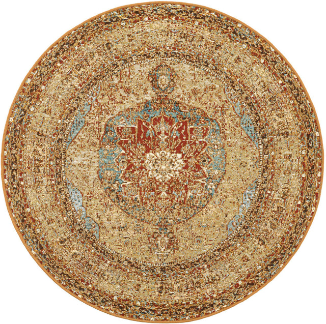 Blue and Light Brown 4' 1 x 4' 1 Outdoor Traditional Round Area Rug Weather Resistant for Patio, Deck, Terrace, Balcony, Porch Classical Design Outside Carpet for Sale at Rug Engine